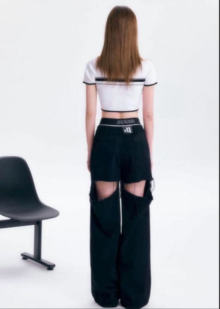 ANDWANG Msizeカットアウト ブラックデニム ワイドレッグパンツ