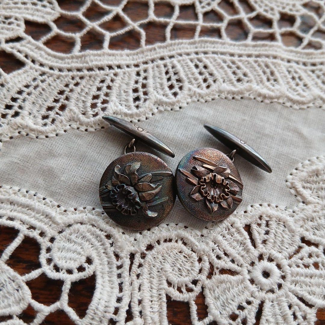 銀製 カフリンクス 花モチーフ 在銘 レトロ カフス 骨董