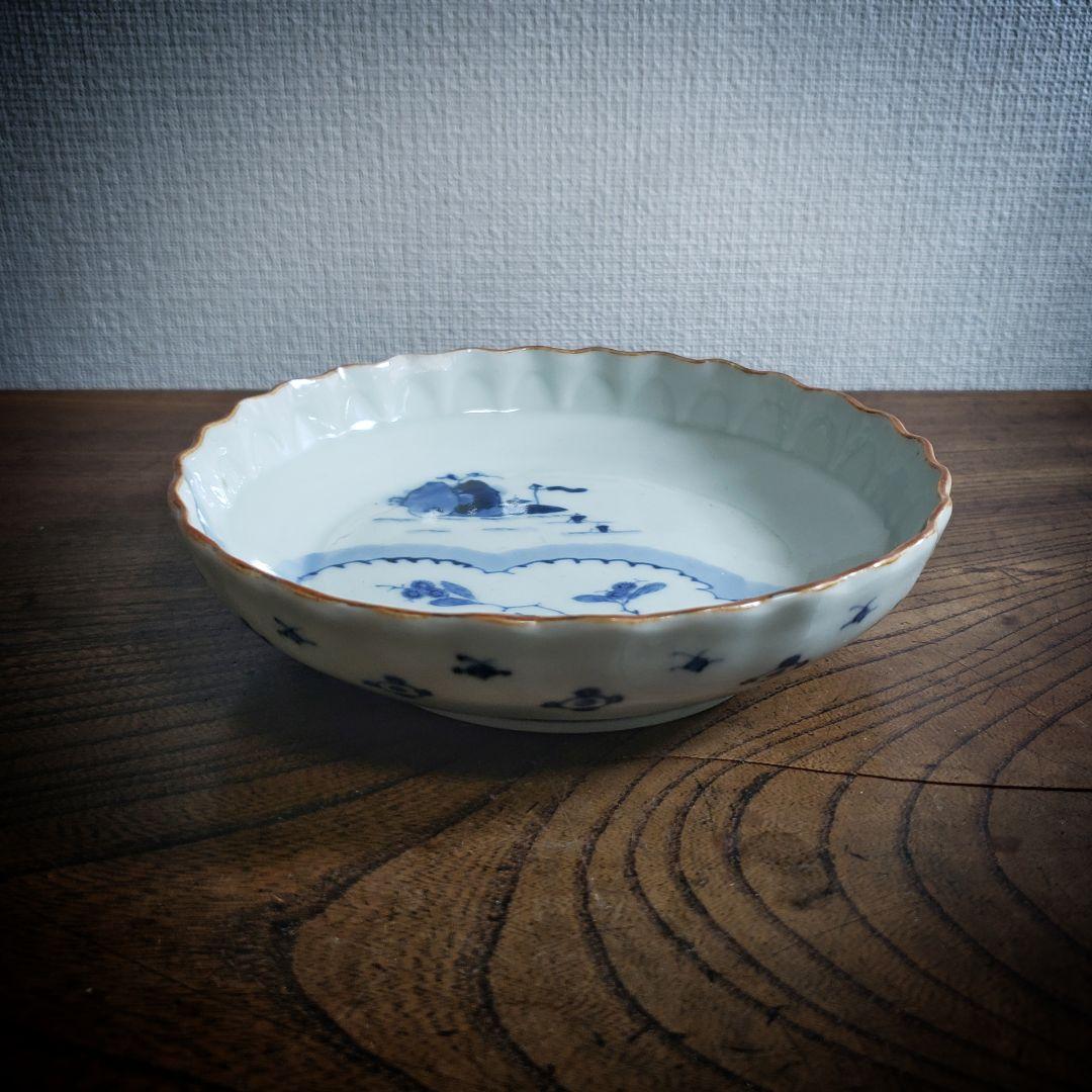 古伊万里　皿　遠景　花鳥　染付　輪花　江戸　明治　家屋　舟　山水　訳あり