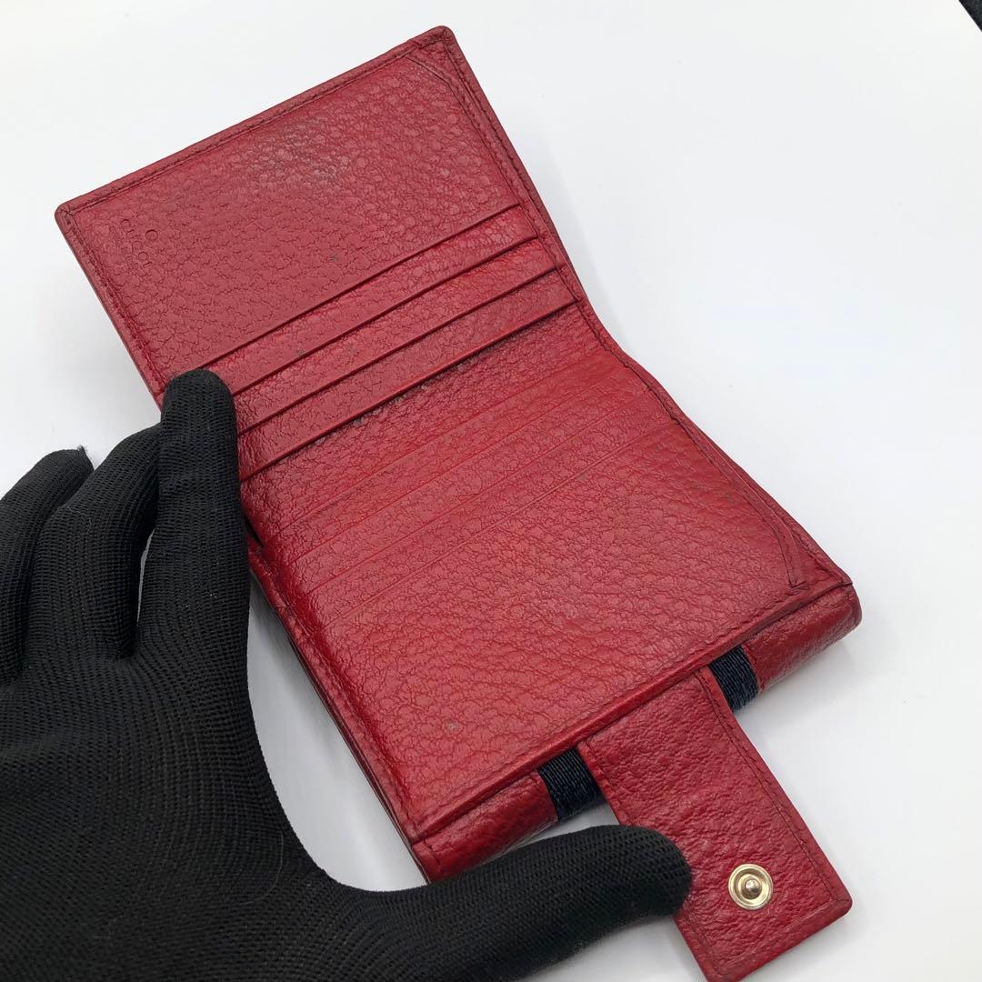 グッチ 二つ折り財布 シェリーライン インターロッキング 金具 レッド レザー