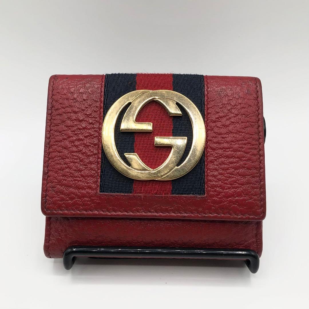 グッチ 二つ折り財布 シェリーライン インターロッキング 金具 レッド レザー
