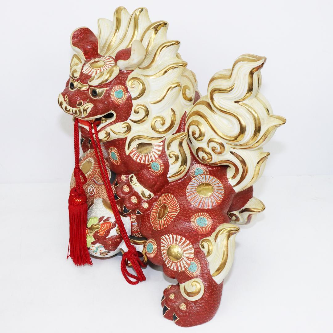 九谷焼 玉乗り獅子 置物 高さ約34cm