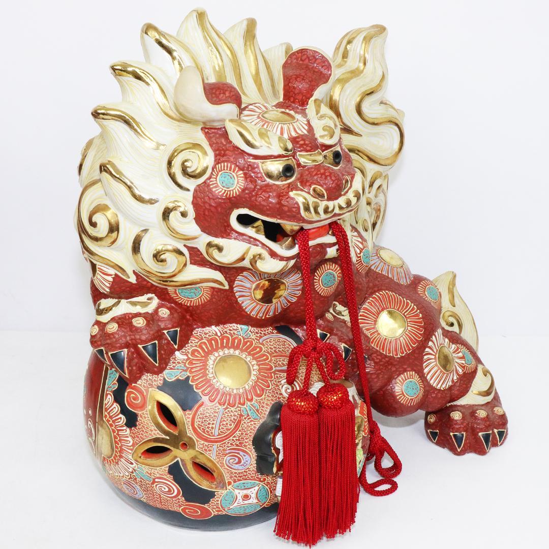 九谷焼 玉乗り獅子 置物 高さ約34cm