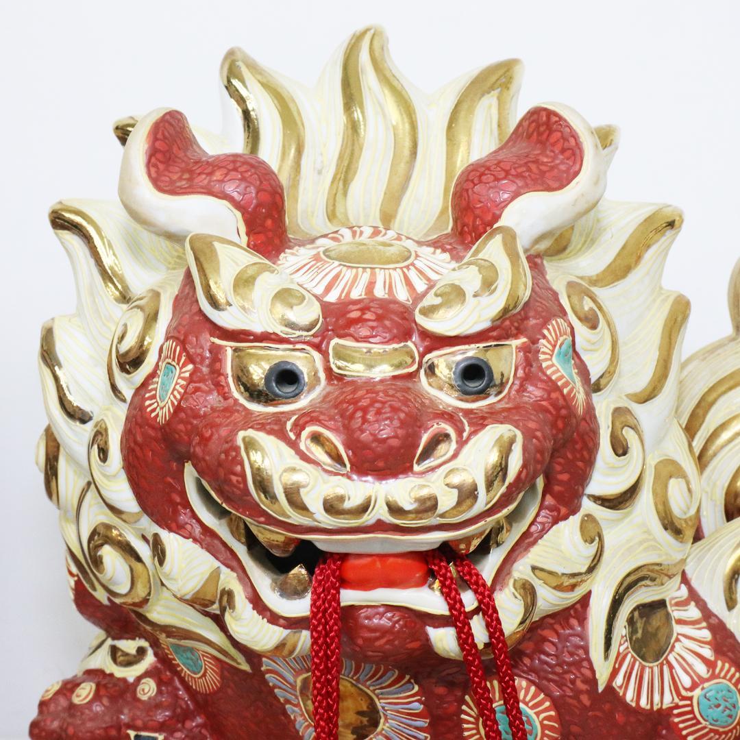 九谷焼 玉乗り獅子 置物 高さ約34cm