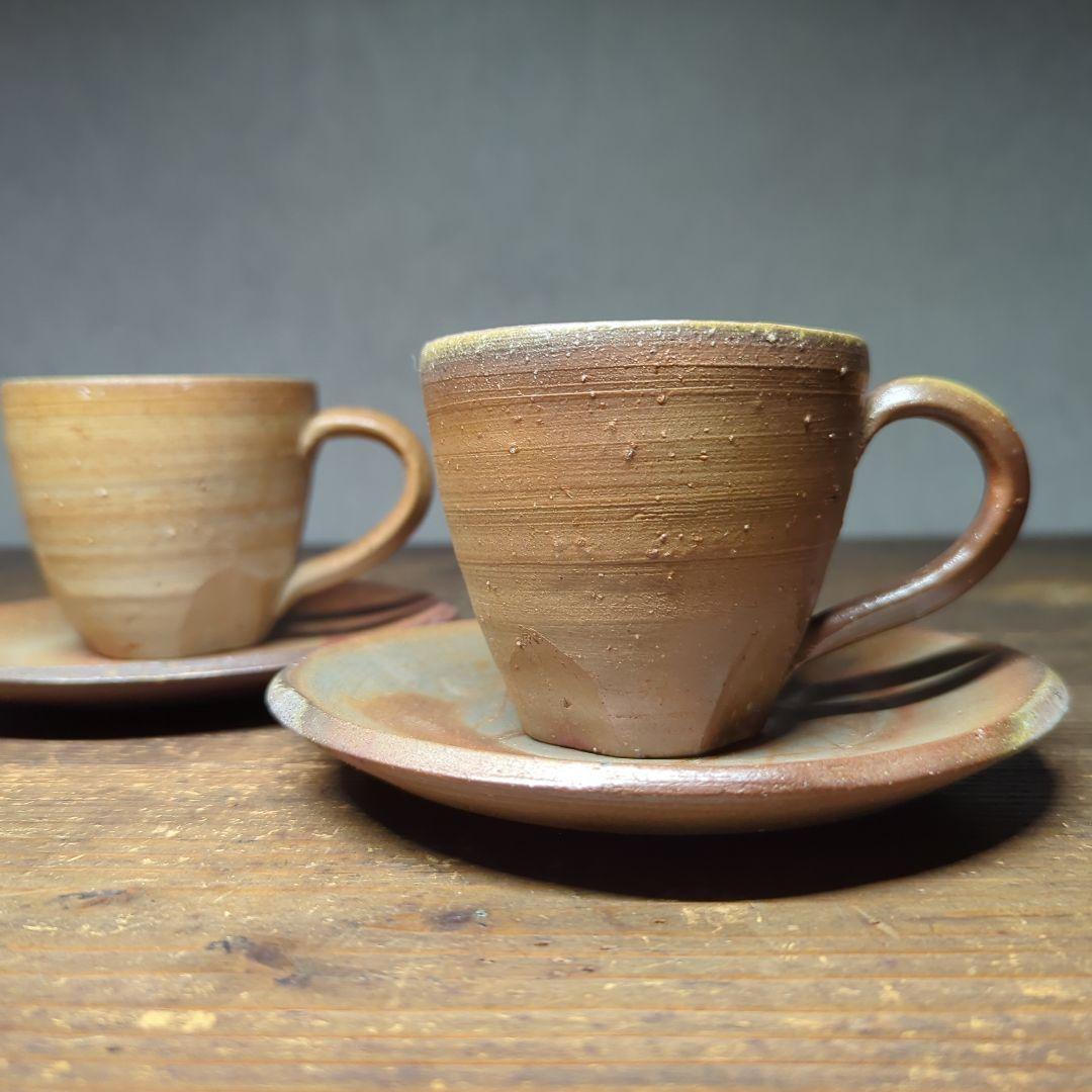 陶芸　備前焼　山麓窯　面取り　焼締窯変　カップ＆ソーサー・コーヒー碗×2
