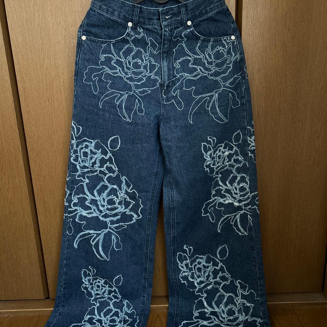 MURUA ダメージフラワーワイドデニム