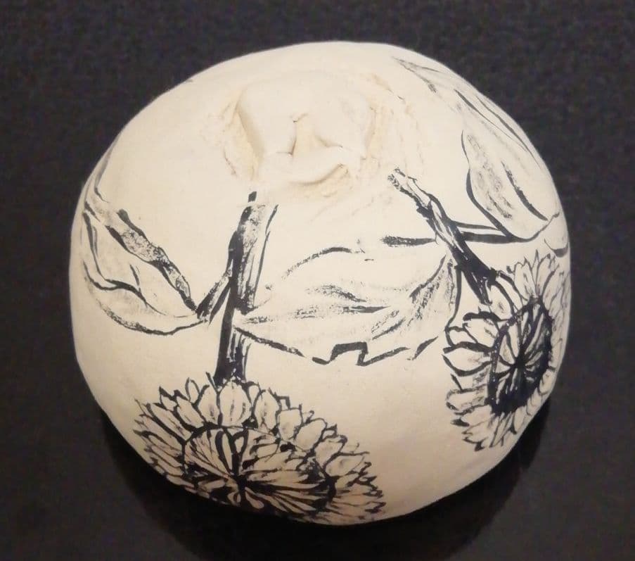 yutaka作　向日葵図　白泥　茶碗　箱付　茶道具