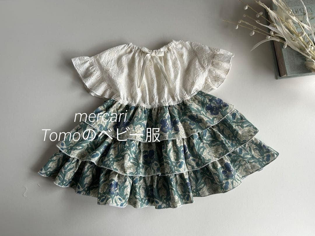 ハンドメイド　マーガレット刺繍レース×モリス　ティアードフリルワンピース