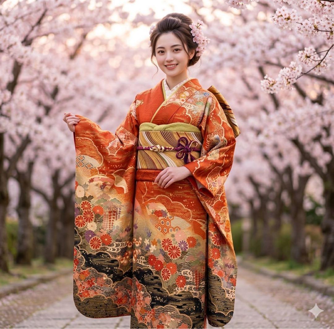 正絹 振袖 フルセット 成人式 豪華 金彩 古典柄 Mサイズ 5点セット✨