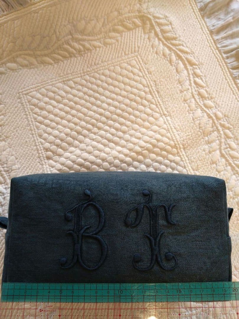 フランス　アンティーク　手刺繍　モノグラム刺繍　ナプキン　ポーチ　ハンドメイド