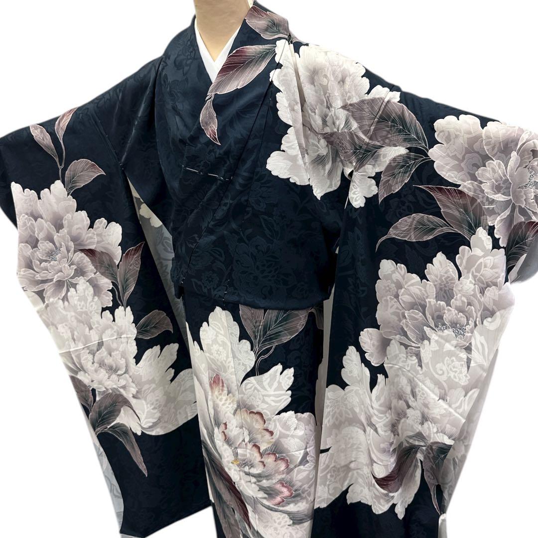 新品 正絹 振袖 濃紺 芍薬 刺繍 未仕立て品 仮絵羽 2159