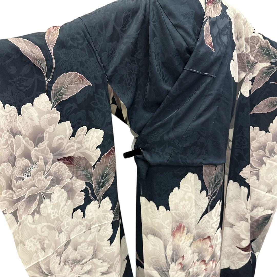 新品 正絹 振袖 濃紺 芍薬 刺繍 未仕立て品 仮絵羽 2159