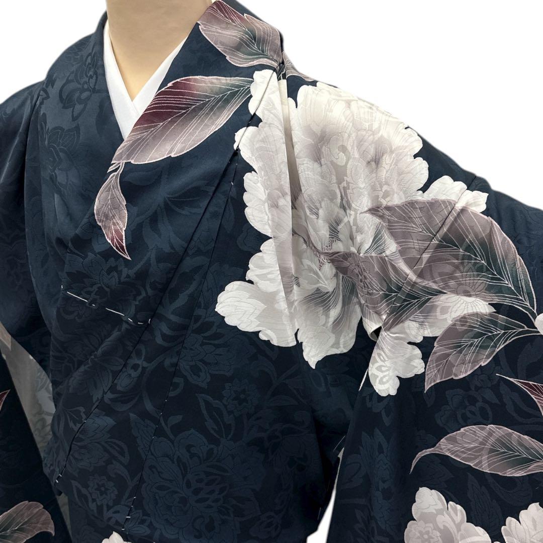 新品 正絹 振袖 濃紺 芍薬 刺繍 未仕立て品 仮絵羽 2159