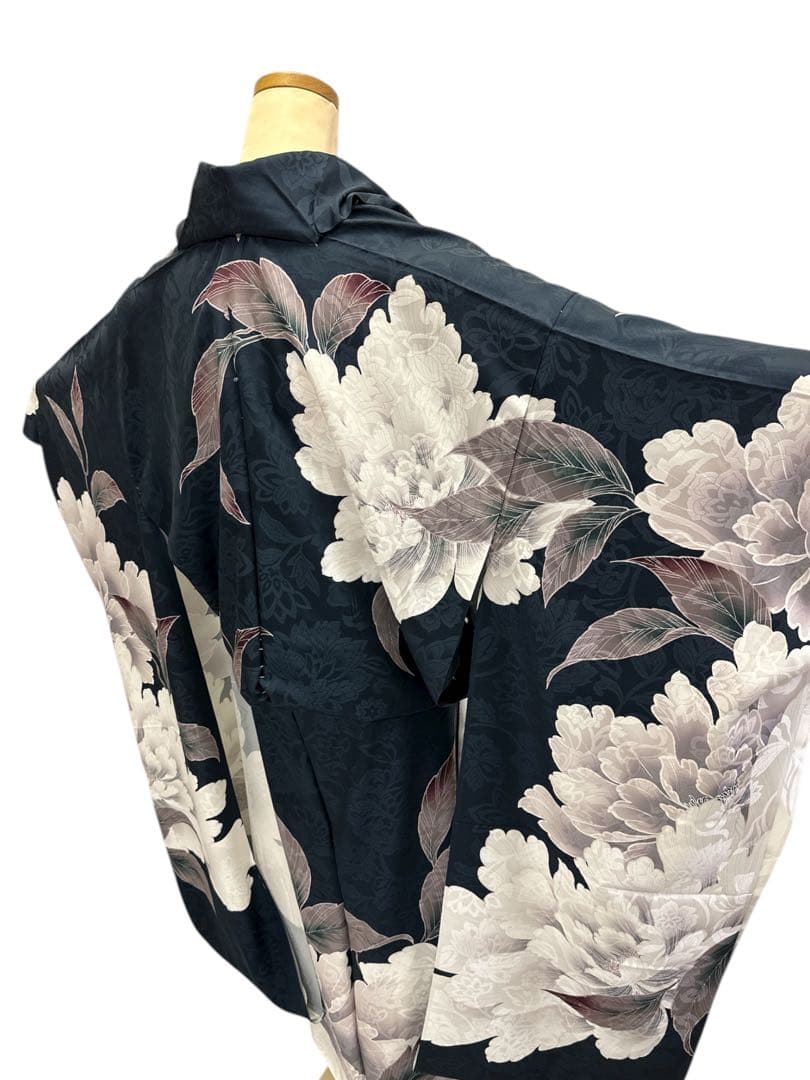 新品 正絹 振袖 濃紺 芍薬 刺繍 未仕立て品 仮絵羽 2159