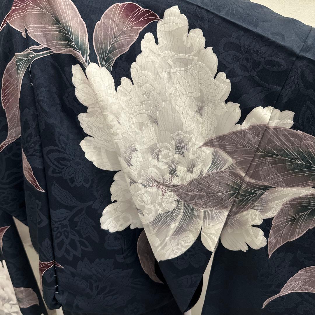 新品 正絹 振袖 濃紺 芍薬 刺繍 未仕立て品 仮絵羽 2159