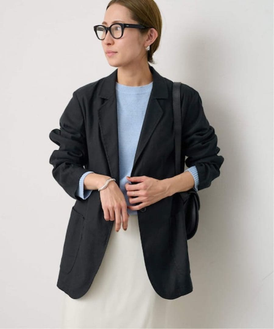 美品 フレームワーク リネンコットンジャケット 洗える 羽織 黒 38