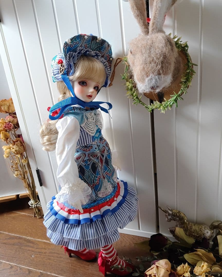 SDM//40cmドール//ワンピース-青系-★バッスルスカート//ハンドメイド