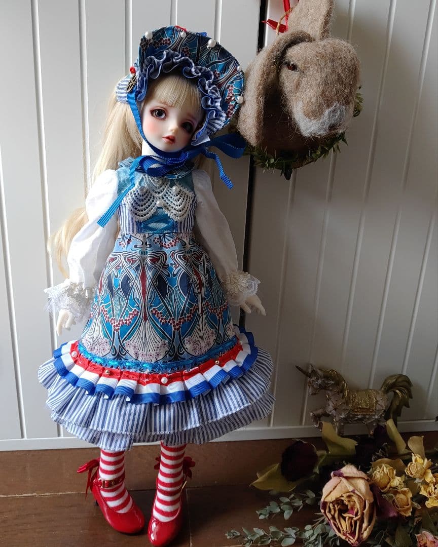 SDM//40cmドール//ワンピース-青系-★バッスルスカート//ハンドメイド