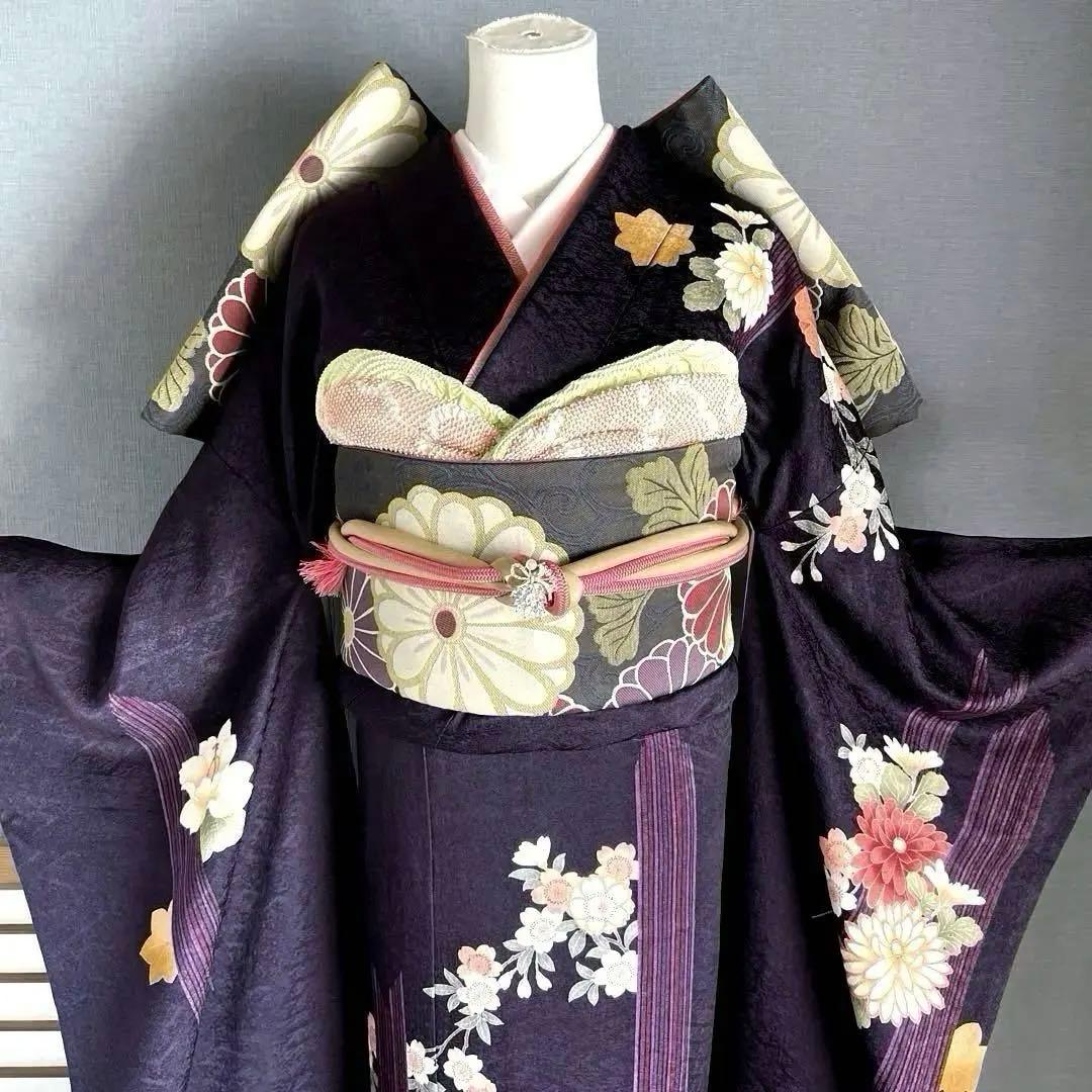 振袖フルセット　やまと　友禅　成人式振袖　振袖　裄丈69 ➕サイズ　濃紫