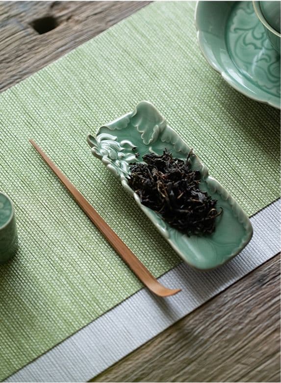 青磁 茶則 茶杓 セット 浮き彫り 蓮華紋 蛙 新品未使用 茶道具