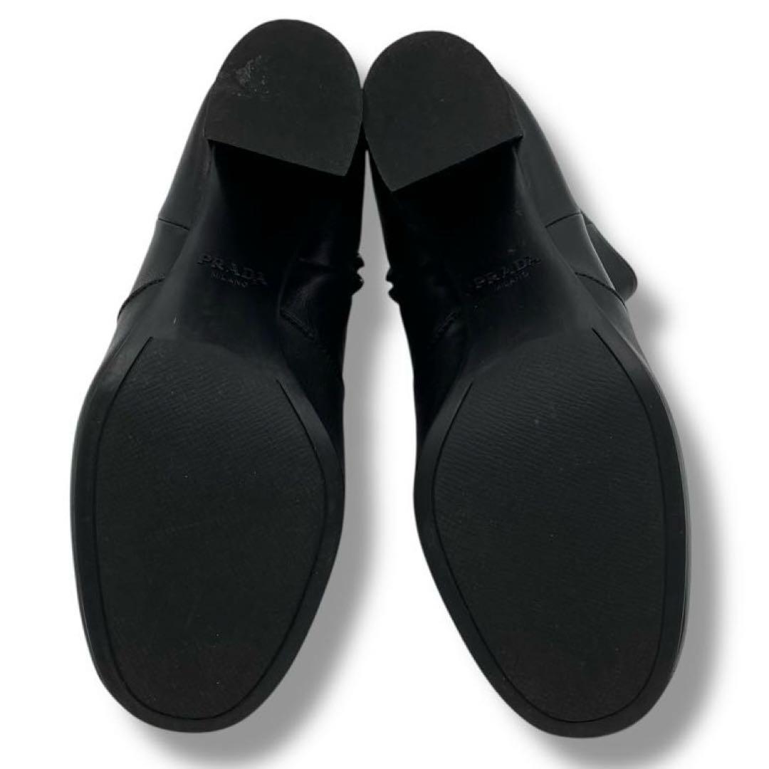美品 PRADA プラダ ロゴ レザー ヒール ブーツ 36 ジップ ブラック