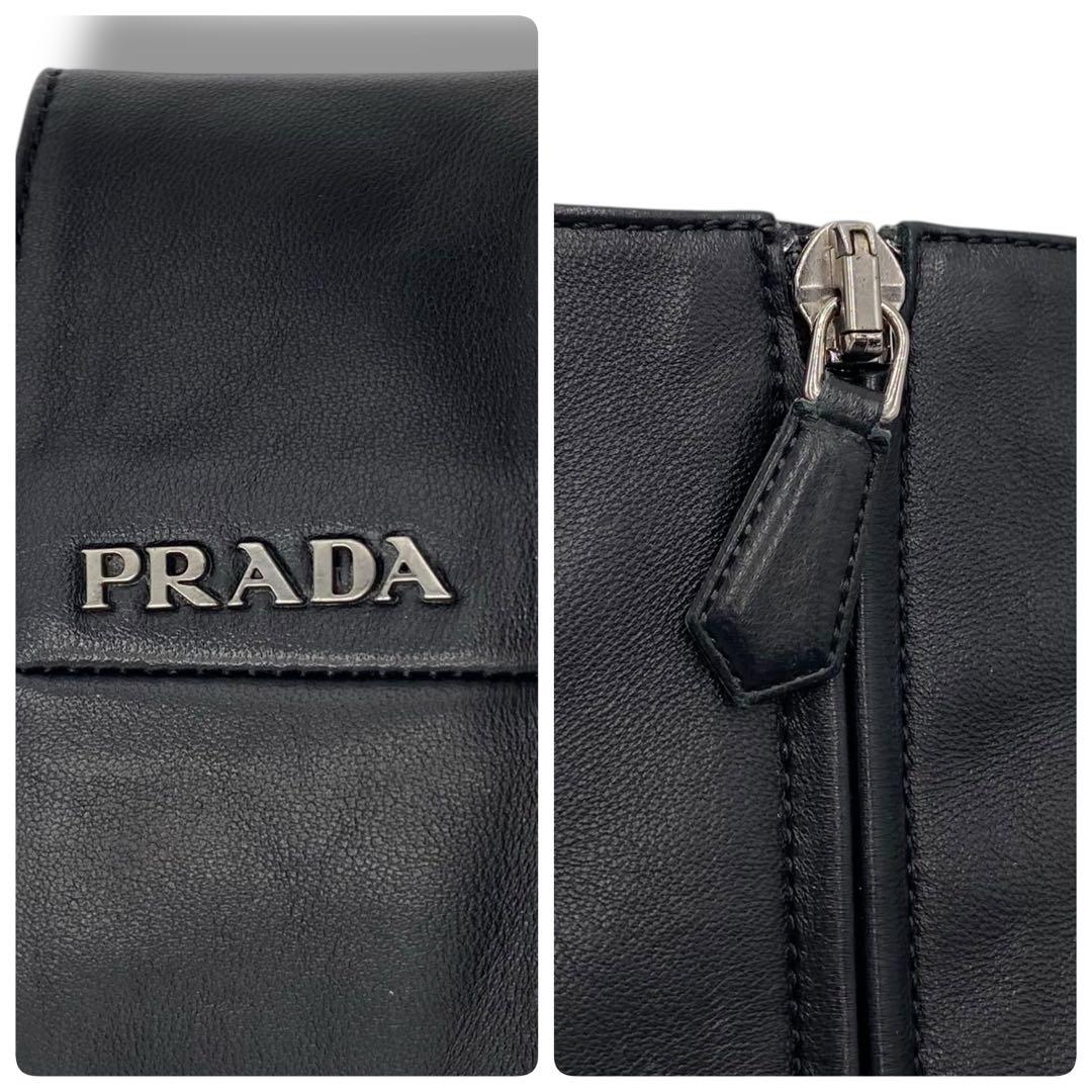 美品 PRADA プラダ ロゴ レザー ヒール ブーツ 36 ジップ ブラック