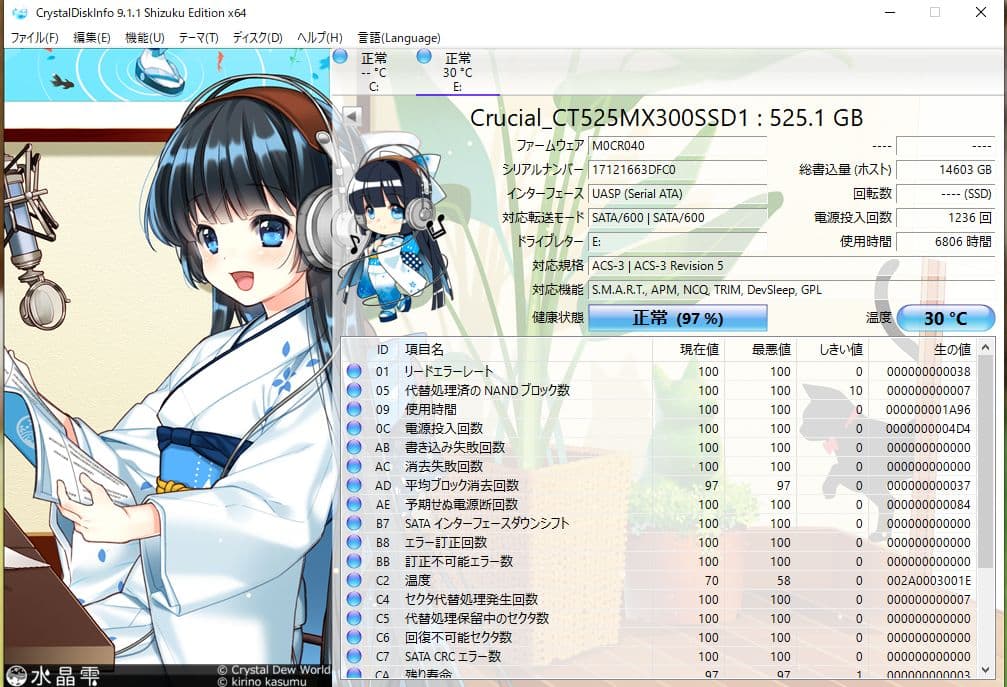 crucial MX300 525GB SSD 使用時間6806時間