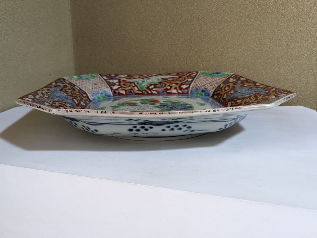 ♦古伊万里 染付 色絵 牡丹鳳凰紋様 隅切り角皿 アンティーク骨董品コレクション