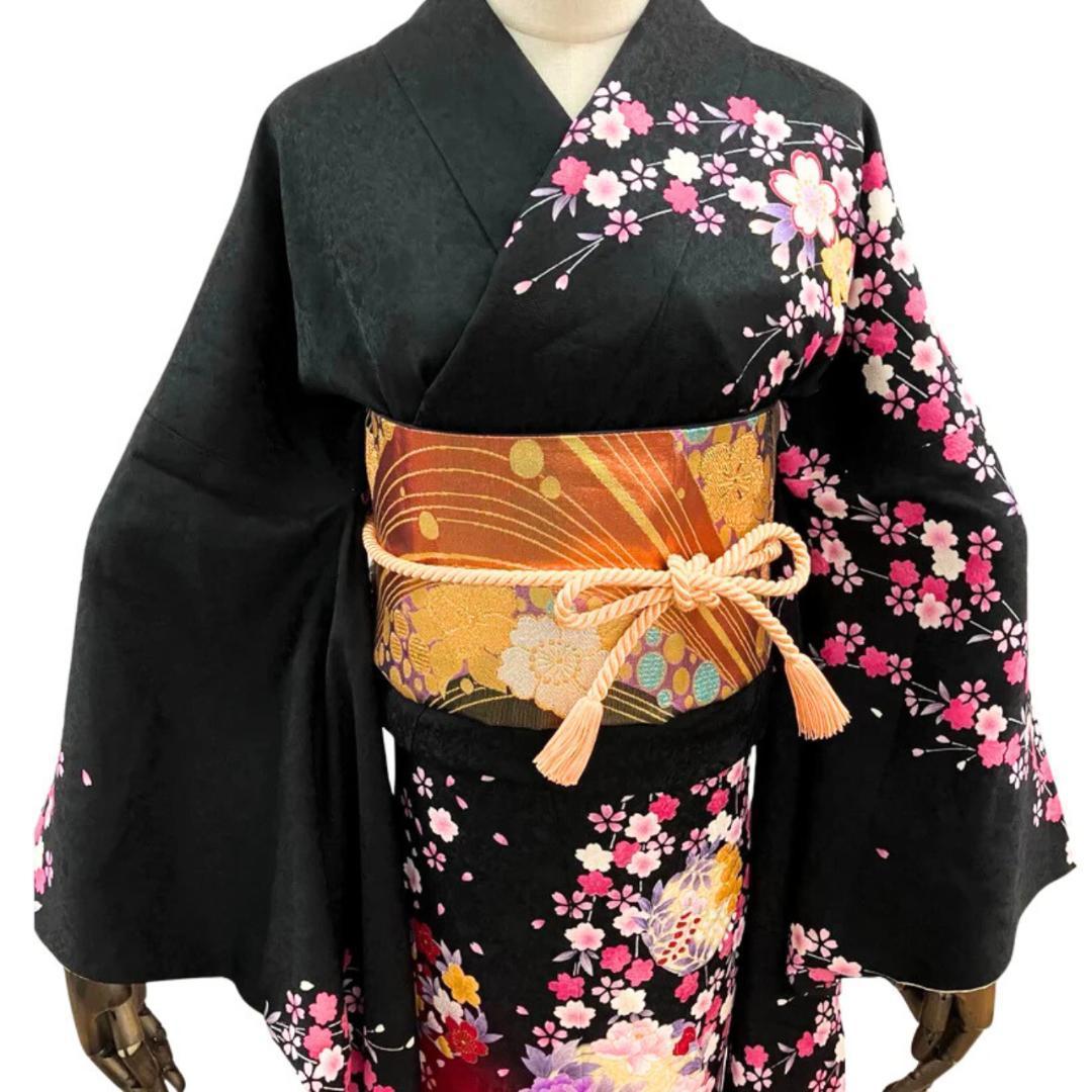 【美品】 振袖 正絹 古典柄 成人式 単品 枝垂れ桜 黒 *203 ●