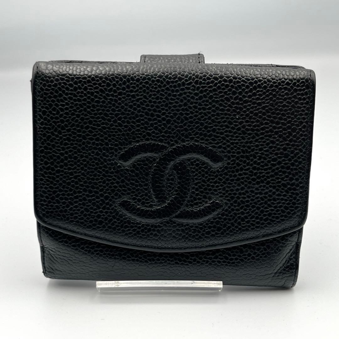 キャビアスキン　CHANEL ブラック レザー 二つ折り財布　小銭入れ付　ココ