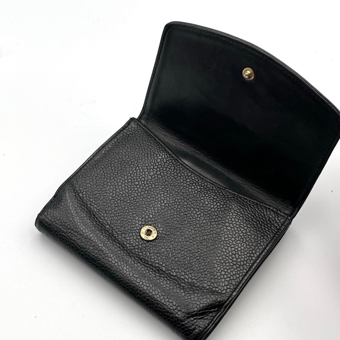 キャビアスキン　CHANEL ブラック レザー 二つ折り財布　小銭入れ付　ココ