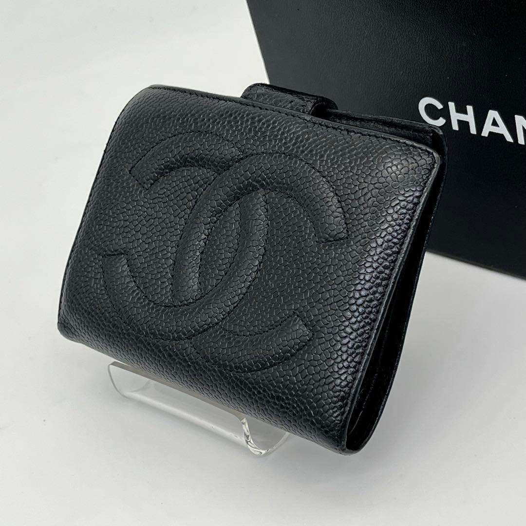 CHANEL 二つ折り財布 ココマーク キャビアスキン がま口 ブラック レザー