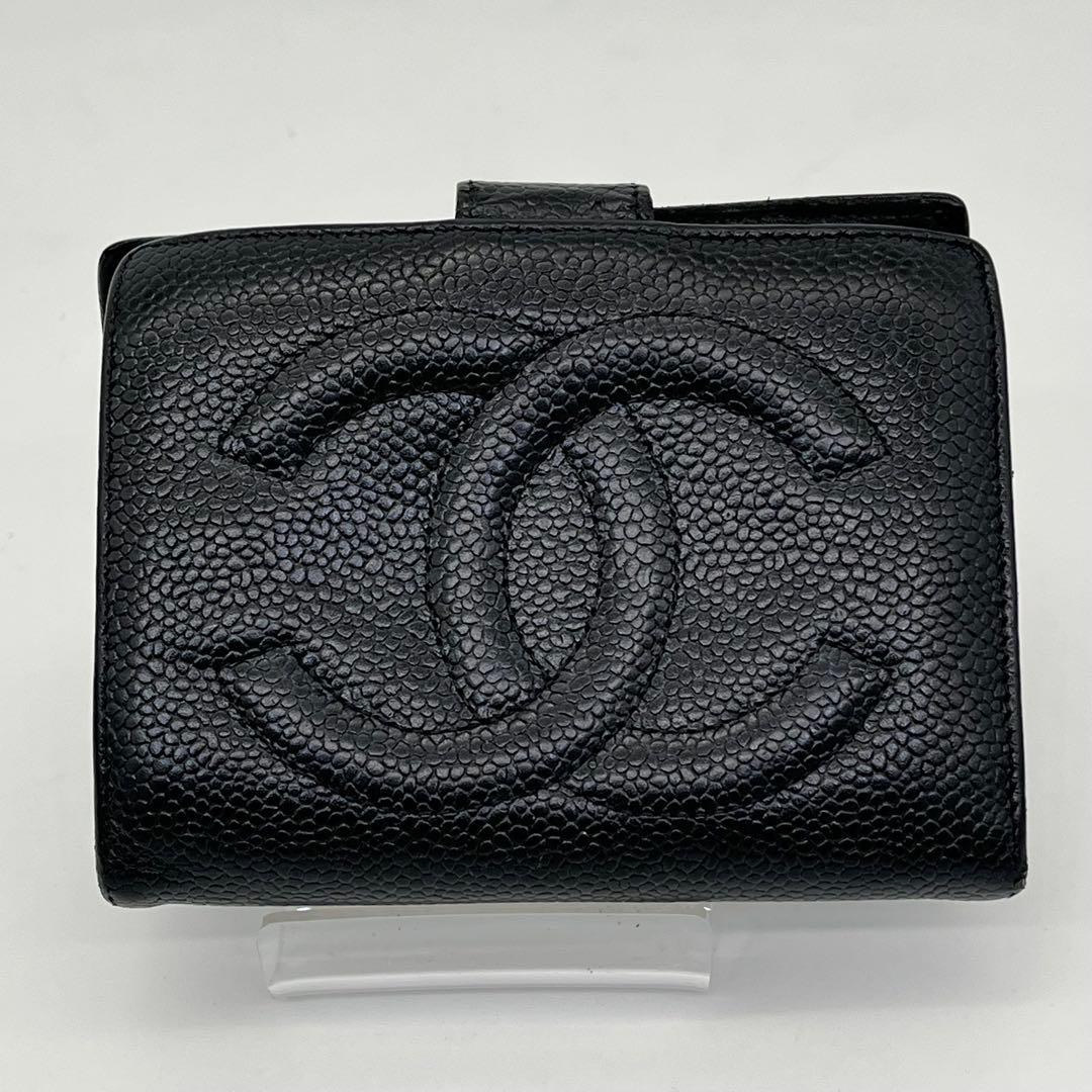 CHANEL 二つ折り財布 ココマーク キャビアスキン がま口 ブラック レザー