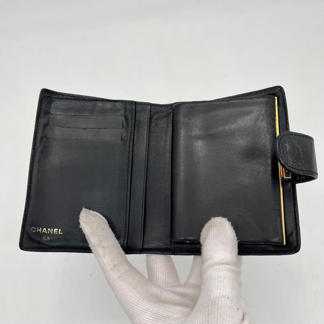 CHANEL 二つ折り財布 ココマーク キャビアスキン がま口 ブラック レザー