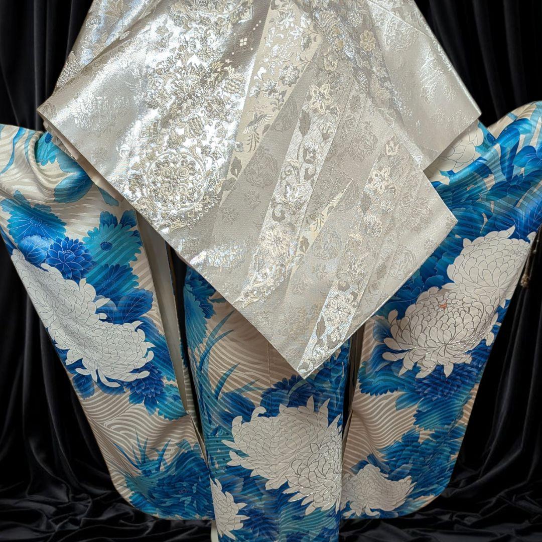 振袖フルセット(9点)成人式・高級手描き・豪華銀駒刺繍・くすみカラー・大輪花模様