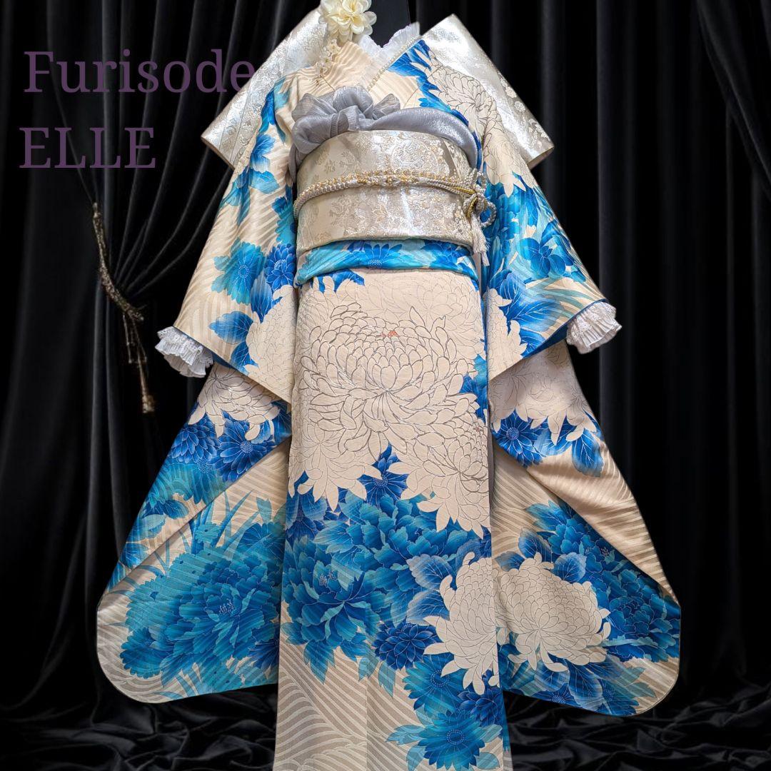 振袖フルセット(9点)成人式・高級手描き・豪華銀駒刺繍・くすみカラー・大輪花模様