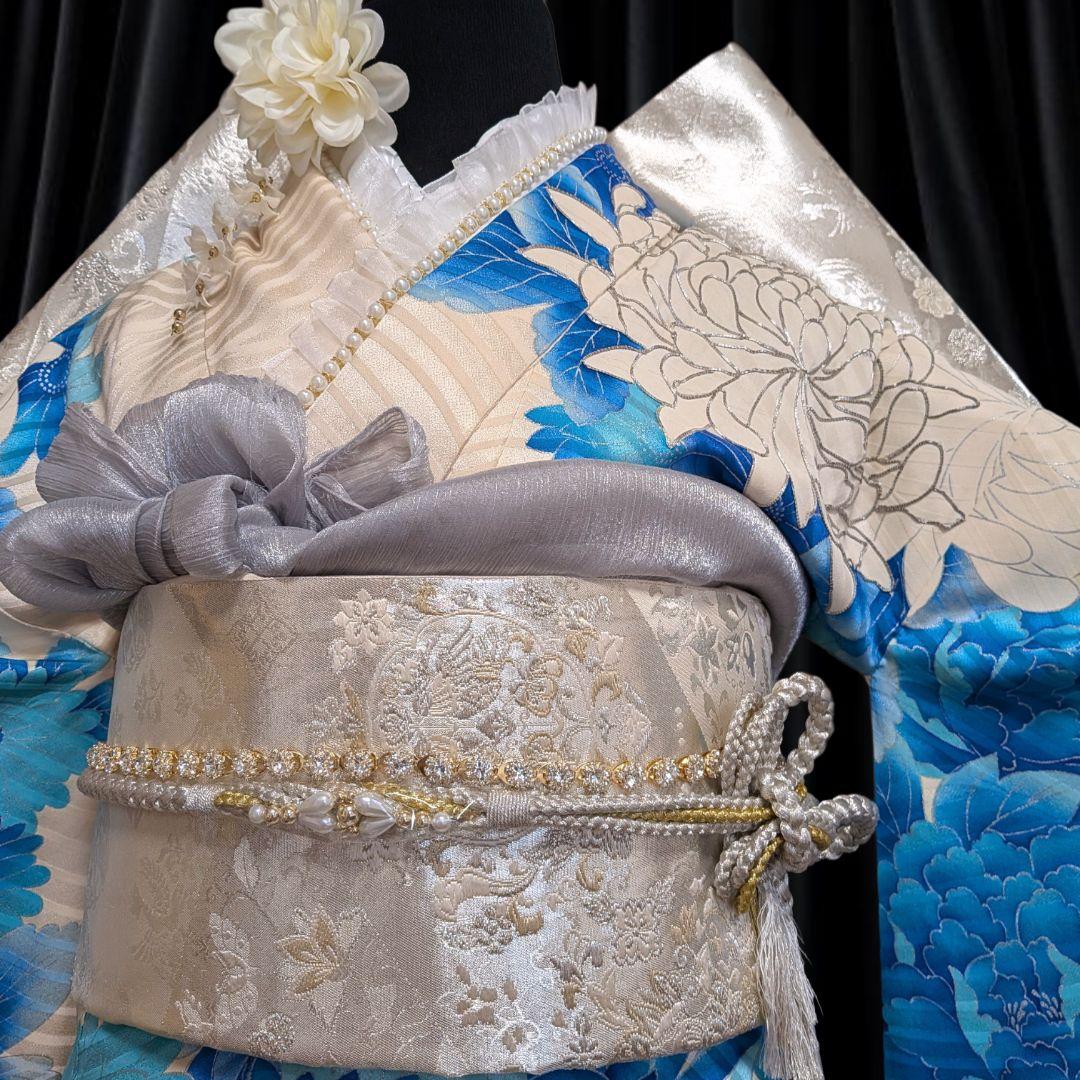 振袖フルセット(9点)成人式・高級手描き・豪華銀駒刺繍・くすみカラー・大輪花模様