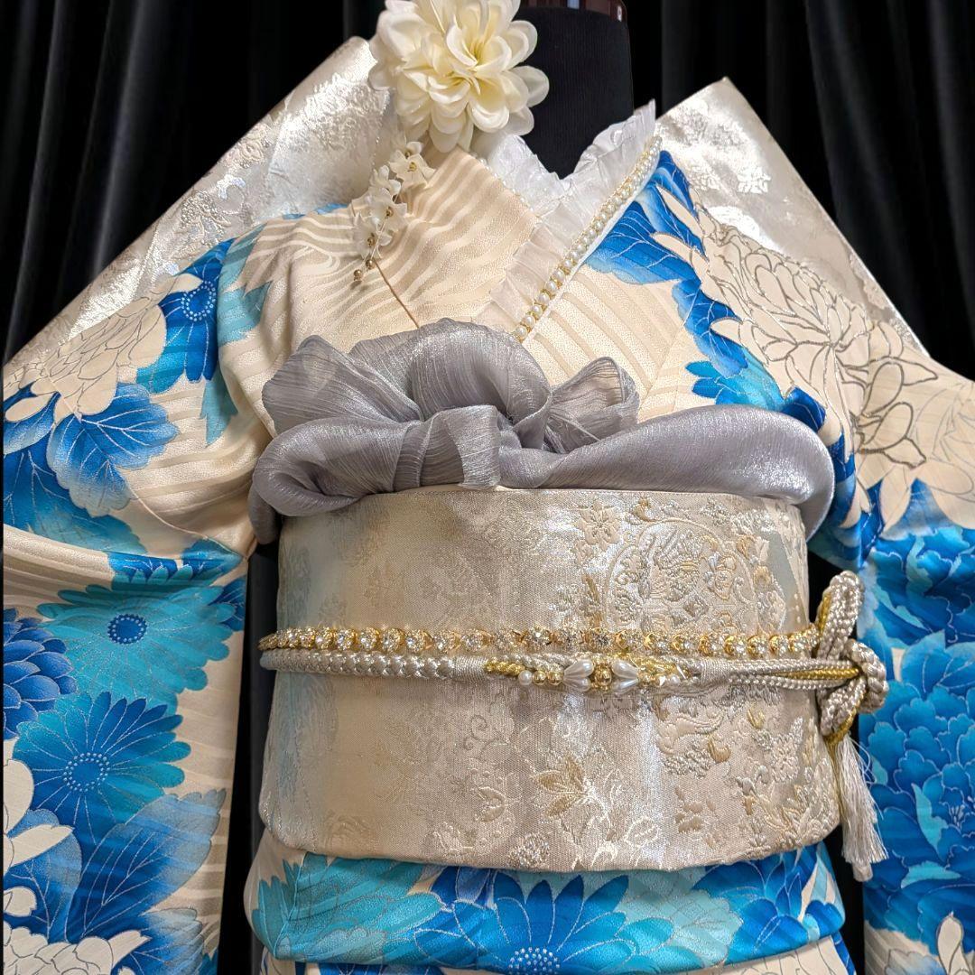 振袖フルセット(9点)成人式・高級手描き・豪華銀駒刺繍・くすみカラー・大輪花模様