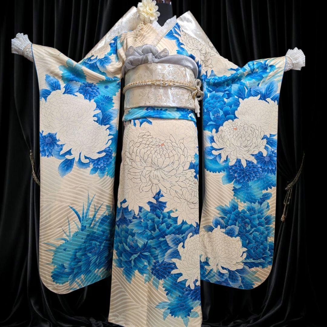 振袖フルセット(9点)成人式・高級手描き・豪華銀駒刺繍・くすみカラー・大輪花模様
