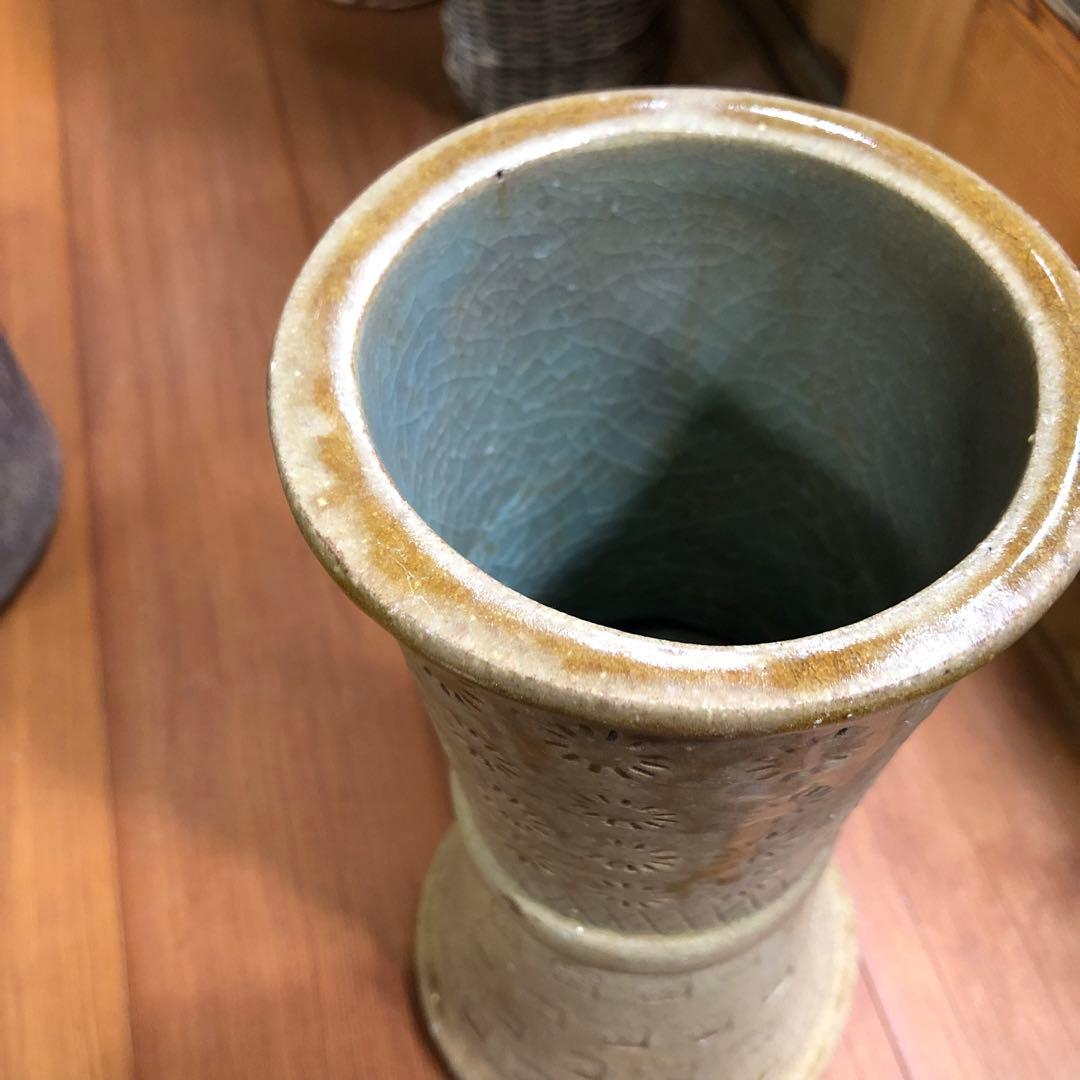 古来ギリシャの様な立鼓形花入れ 花器 海のような水色 日本伝統工芸品 焼きもの