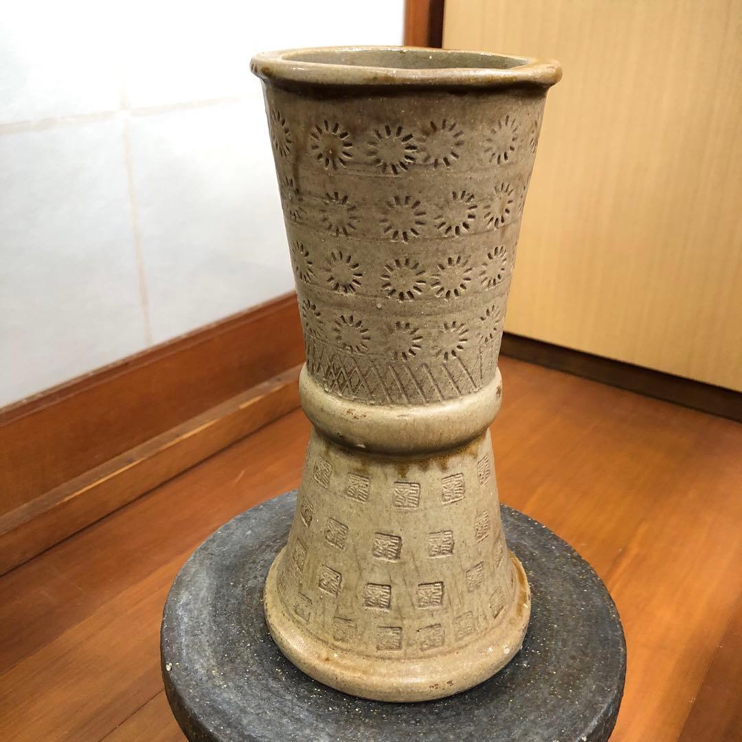 古来ギリシャの様な立鼓形花入れ 花器 海のような水色 日本伝統工芸品 焼きもの