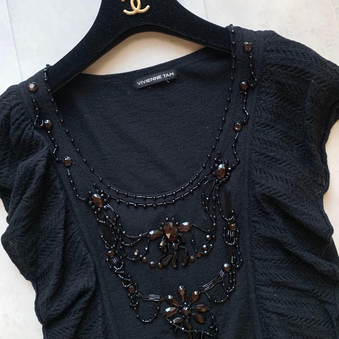 ヴィヴィアンタム フレンチスリーブ カットソー ビーズ 刺繍 フリル 黒 0