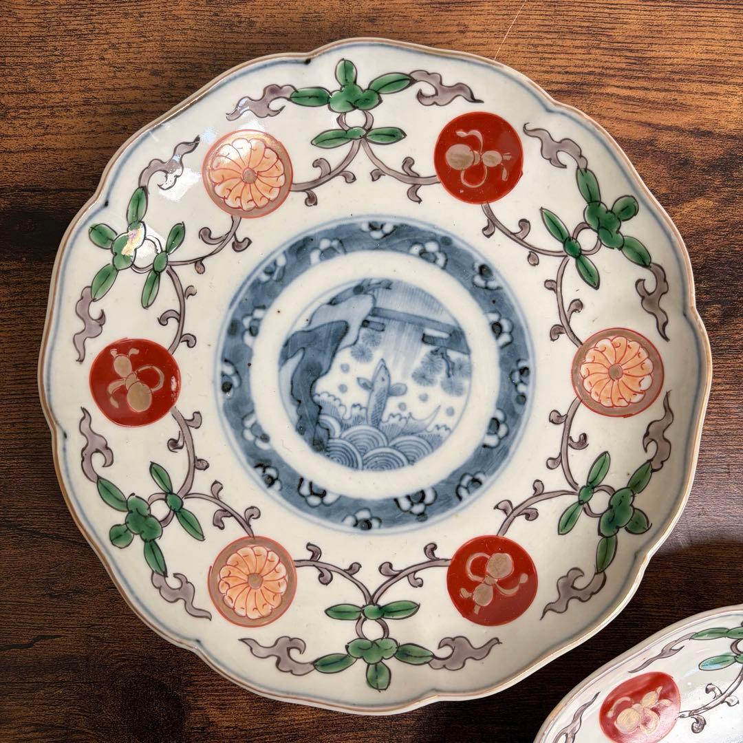 古伊万里 赤玉鯉滝上り図　大皿2客 中皿/七寸皿/お皿/アンティーク