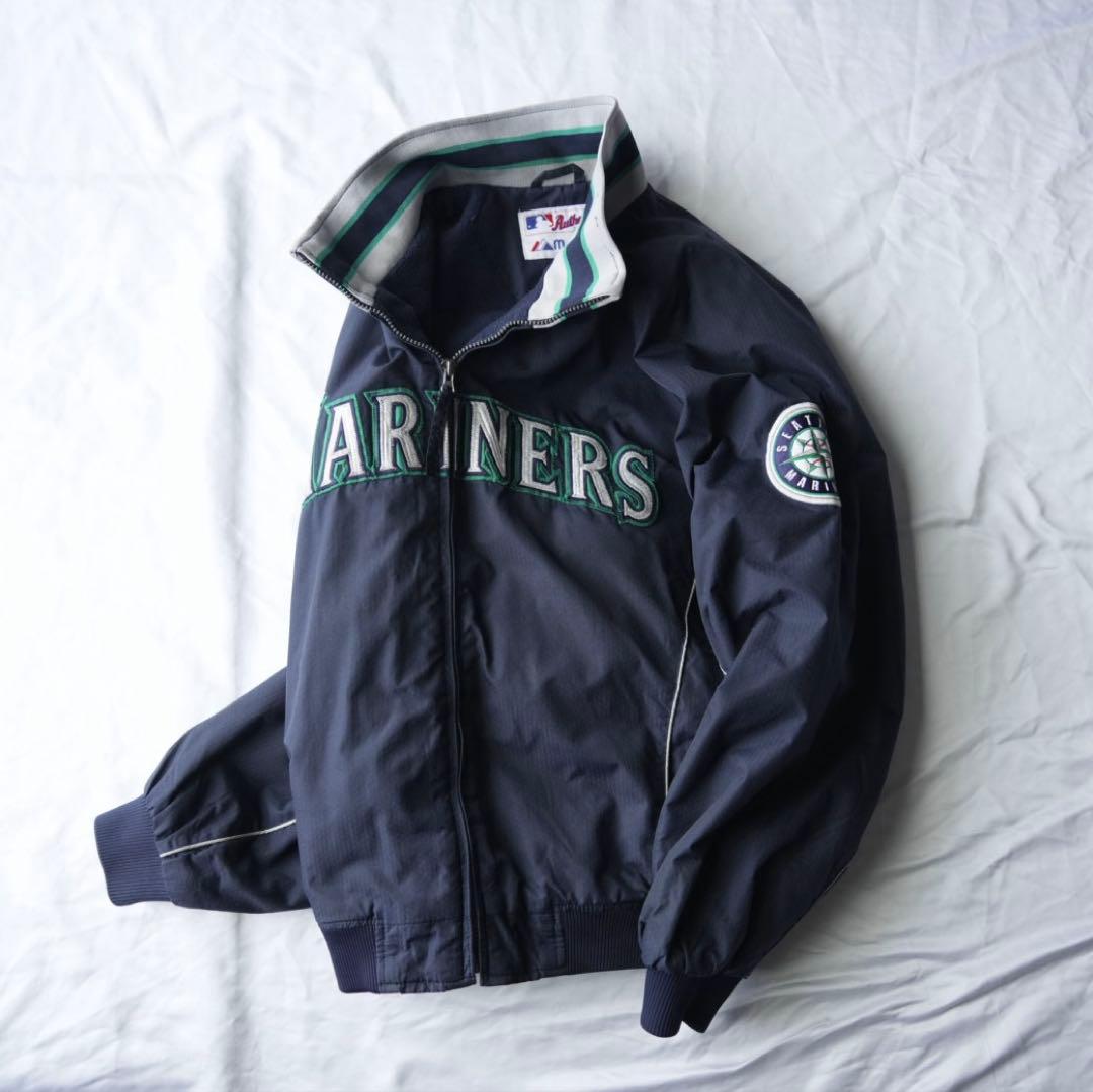 希少　90s majesticマリナーズ　ジップアップジャケット　ネイビー　古着