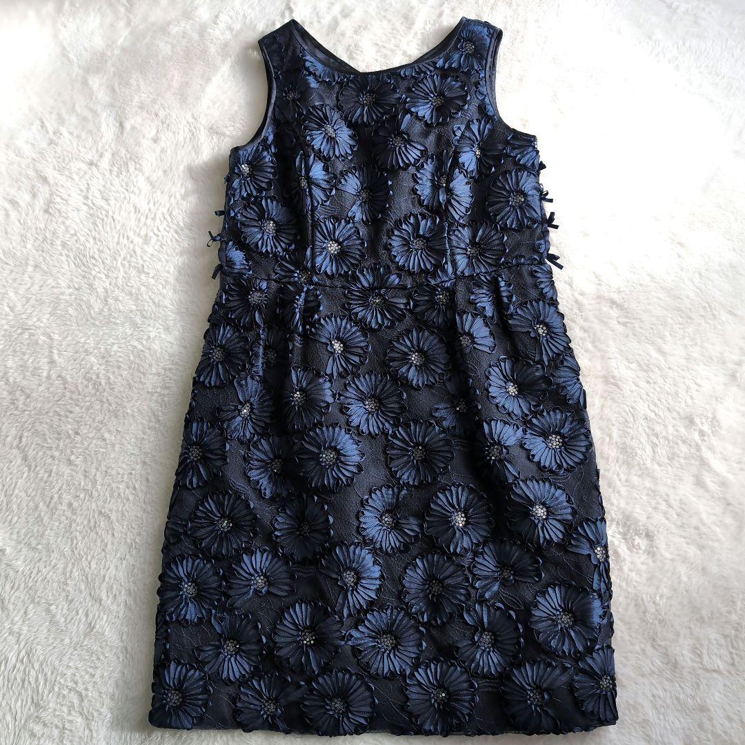 ✧良品【エムズグレイシー】花柄ワンピース42 紺　スパンコール　リボン
