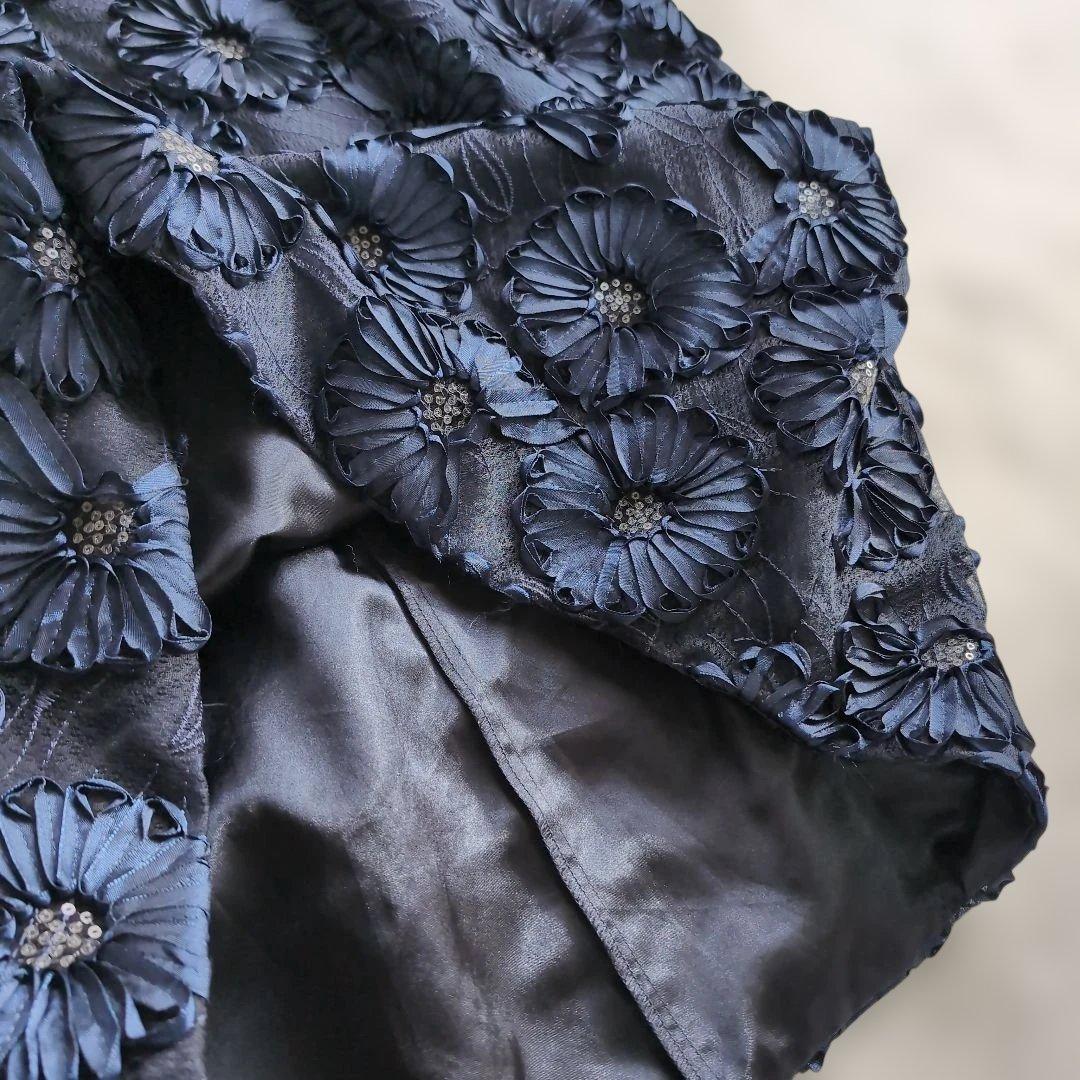 ✧良品【エムズグレイシー】花柄ワンピース42 紺　スパンコール　リボン