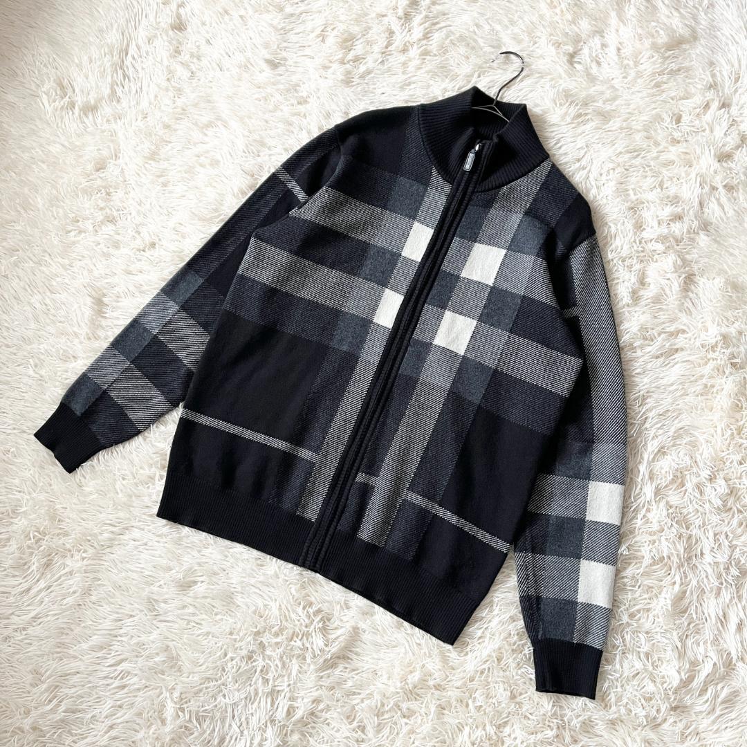 L★バーバリーロンドン カシミア20％ フルジップアップニット ブラックチェック