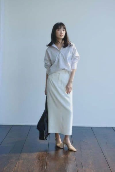 [anuans]ダブルサテンナロースカート ロングタイトスカート エクリュ