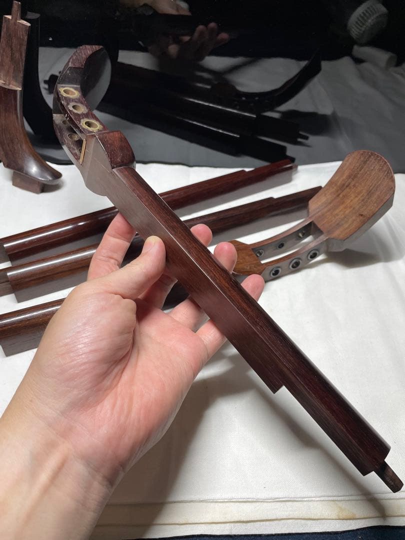 紫檀。木。三味線の構件。昭和時代。美品。舊家蔵出し。希少品。重量約838.5g