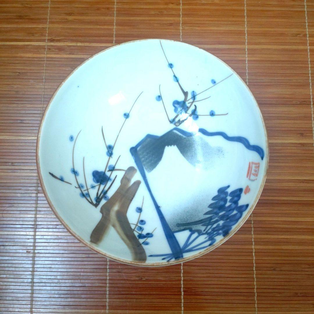 明治期　伊万里焼　染付　深皿　大鉢　中鉢　骨董品　梅　松　扇子　富士　3個セット